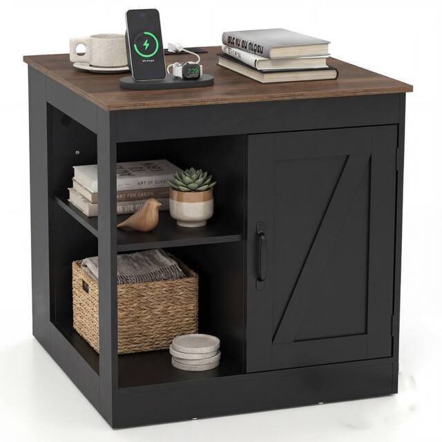 Costway Farmhouse Nightstand w/Charging Station Wooden Bedside Table End Table in Black - image 1