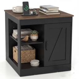 Costway Farmhouse Nightstand w/Charging Station Wooden Bedside Table End Table in Black - thumbnail 1