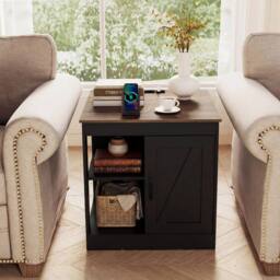 Costway Farmhouse Nightstand w/Charging Station Wooden Bedside Table End Table in Black - thumbnail 4