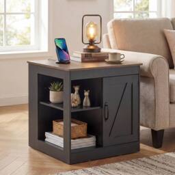 Costway Farmhouse Nightstand w/Charging Station Wooden Bedside Table End Table in Black - thumbnail 3