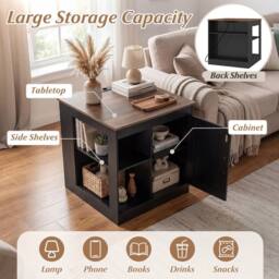 Costway Farmhouse Nightstand w/Charging Station Wooden Bedside Table End Table in Black - thumbnail 7