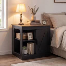 Costway Farmhouse Nightstand w/Charging Station Wooden Bedside Table End Table in Black - thumbnail 5