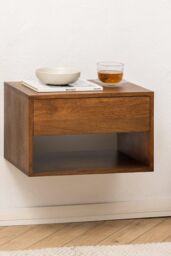 MH London Solid Wood Floating Nightstand with Storage Drawer & Open Shelf, Wall Mounted Bedside Table - Idris in Walnut