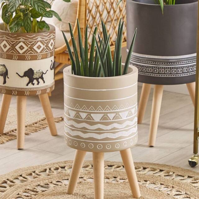 Wyld and Coco Beige Fibre Clay Plant Stand with Solid Beechwood Legs 30 cm - Size: Medium - image 1