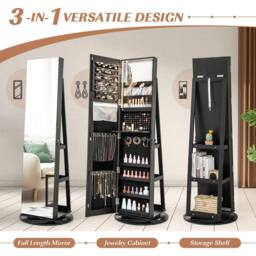 Costway Rotating Jewelry Armoire Freestanding Jewelry Cabinet with Full Length Mirror in Black - thumbnail 4