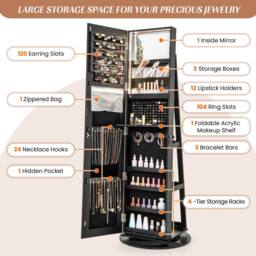 Costway Rotating Jewelry Armoire Freestanding Jewelry Cabinet with Full Length Mirror in Black - thumbnail 5