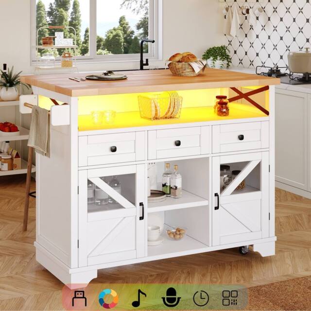 BTM Multifunctional Mobile Kitchen Island Cart with LED & Storage in White - image 1