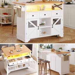 BTM Multifunctional Mobile Kitchen Island Cart with LED & Storage in White - thumbnail 2