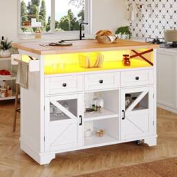 BTM Multifunctional Mobile Kitchen Island Cart with LED & Storage in White - thumbnail 4