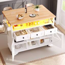 BTM Multifunctional Mobile Kitchen Island Cart with LED & Storage in White - thumbnail 3