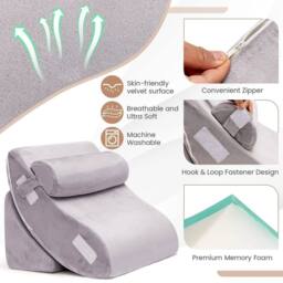 SPETLEK Bed Wedge Pillow Set 6 Piece Memory Foam Support System in Grey - Size: Cot - thumbnail 5