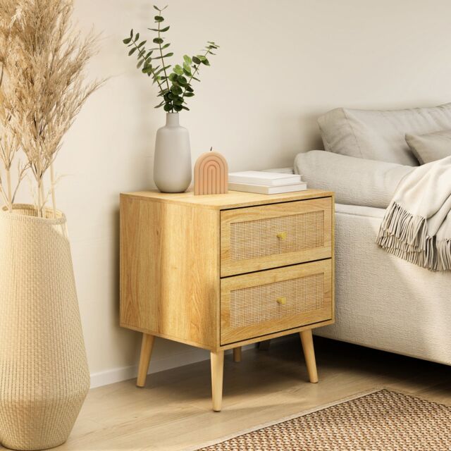 VonHaus Rattan Fronted 2 Drawer with Gold Handles Bedside Table in Brown - image 1