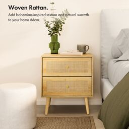 VonHaus Rattan Fronted 2 Drawer with Gold Handles Bedside Table in Brown - thumbnail 2