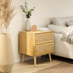VonHaus Rattan Fronted 2 Drawer with Gold Handles Bedside Table in Brown - thumbnail 1