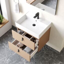 Banyetti Invicta 600mm Wall Hung Vanity with Veneto 1 Tap Hole Basin - Cashmere in Beige - thumbnail 2