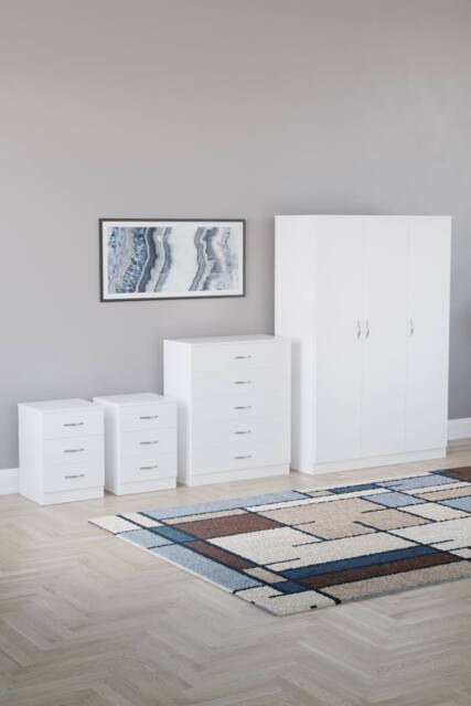 HD Designs 4Pc Bedroom Set 2x3Drawer Bedside, 5Drawer, 3 Dr Wardrobe in White - image 1