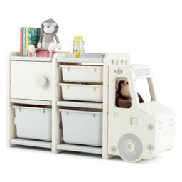 Costway Toy Storage Organizer Truck shaped Toddler Storage Cabinet 2 Plastic Bins in Grey - thumbnail 1
