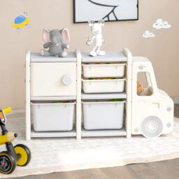 Costway Toy Storage Organizer Truck shaped Toddler Storage Cabinet 2 Plastic Bins in Grey - thumbnail 3