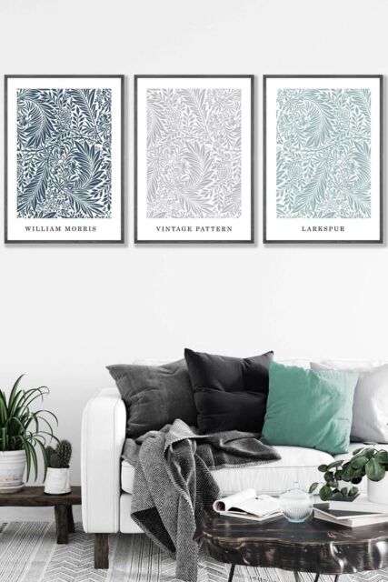 ARTZE Set of 3 Dark Grey Framed William Morris Vintage Larkspur Spring Colours Wall Art - Size: W33 cm x H45 cm x D20mm - image 1
