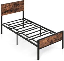 Gymax Single Size Metal Bed Frame Platform Bed With Headboard & Footboard in Brown - thumbnail 2