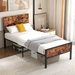 Gymax Single Size Metal Bed Frame Platform Bed With Headboard & Footboard in Brown - thumbnail 6