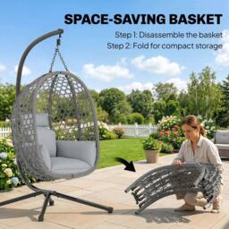 OUTSUNNY Hanging Egg Chair, Rattan Swing Chair with Stand, Dark Grey - thumbnail 5