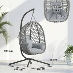 OUTSUNNY Hanging Egg Chair, Rattan Swing Chair with Stand, Dark Grey - thumbnail 3