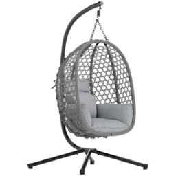 OUTSUNNY Hanging Egg Chair, Rattan Swing Chair with Stand, Dark Grey - thumbnail 2