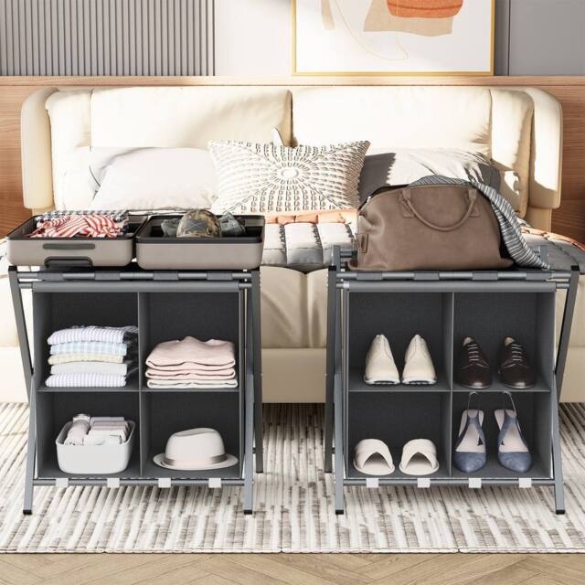 Huhote Metal Luggage Rack with Storage Shelf Suitcase stand Home 2 Set in Grey - image 1