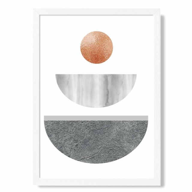 ARTZE Grey & Copper Circles Mid Century Geometric Framed Print SIZE: A3 with White Frame - Size: A4 - image 1