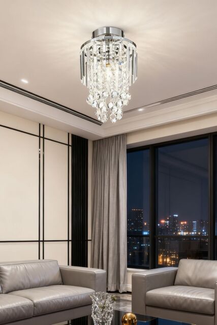 Living and Home Chrome-Accented Crystal Cascade Flush Mount Chandelier in Silver - image 1