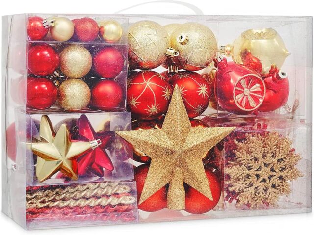 108 Pieces Christmas Tree Baubles Set - Assorted Gold & Red Decorations