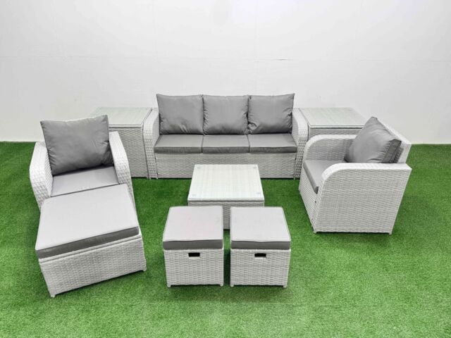 Fimous PE Rattan Garden Furniture Set Reclining Chair Sofa Lounge Sofa Set Square Coffee Table 2 Side Table 3 Stools Light Grey - image 1