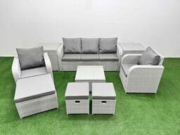 Fimous PE Rattan Garden Furniture Set Reclining Chair Sofa Lounge Sofa Set Square Coffee Table 2 Side Table 3 Stools Light Grey - thumbnail 2