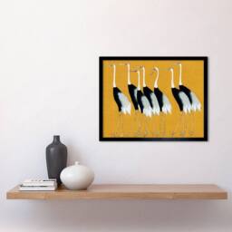"Wee Blue Coo Herons Cranes Flock Birds Ogata Korin Monochrome Mustard Framed Art in Yellow - Size: W12"" x H16""" - thumbnail 2