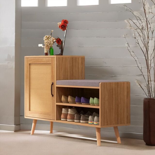Rafaelo Mobilia Wooden Shoe Storage Bench With Cushioned Seat & Cabinets in Brown - image 1