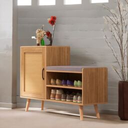 Rafaelo Mobilia Wooden Shoe Storage Bench With Cushioned Seat & Cabinets in Brown