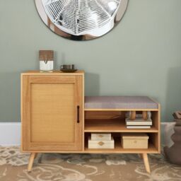 Rafaelo Mobilia Wooden Shoe Storage Bench With Cushioned Seat & Cabinets in Brown - thumbnail 2