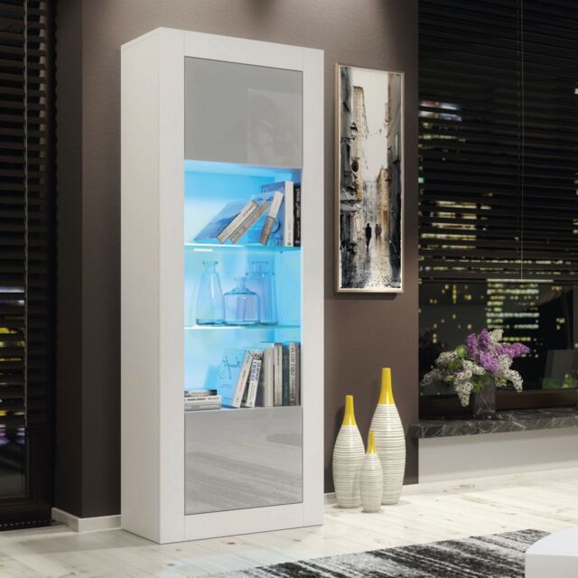 Mex Furniture LTD Display Cabinet with LED Lighting & Gloss Doors / 170cm in Light Grey - image 1