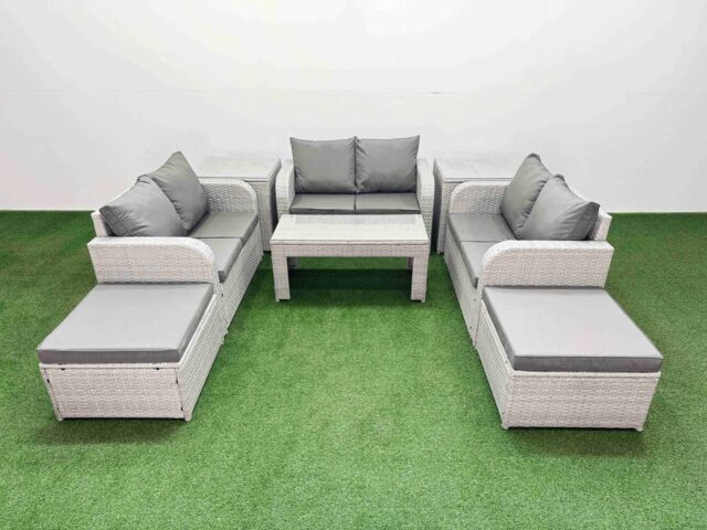 Fimous 8 Seater PE Wicker Rattan Furniture Sofa Sets with Oblong Coffee Table 2 Seater Love Sofa 2 Big Footstool 2 Side Table Light Grey - image 1