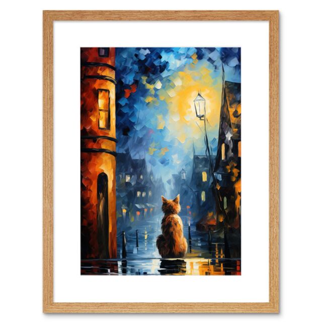 "Artery8 Wall Art Print A Street Cat Named Desire Palette Knife Oil Painting Ginger Cat Village Night Artwork Framed 9X7 Inch - Size: W7"" x H9""" - image 1