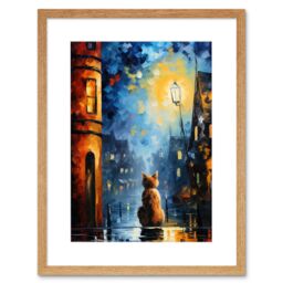 "Artery8 Wall Art Print A Street Cat Named Desire Palette Knife Oil Painting Ginger Cat Village Night Artwork Framed 9X7 Inch - Size: W7"" x H9""" - thumbnail 1