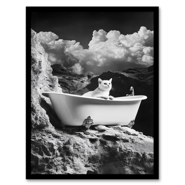 Artery8 Cat Lover Pet Bathtub on Mountain Cliff Surreal Framed Art Print in Grey - Size: A4 - image 1