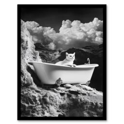 Artery8 Cat Lover Pet Bathtub on Mountain Cliff Surreal Framed Art Print in Grey - Size: A4 - thumbnail 1