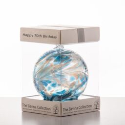 Sienna Glass 10cm Friendship Ball Happy 70th Birthday in Blue