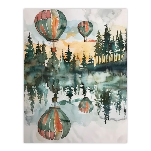 "Artery8 Hot Air Balloons Forest Lake Watercolour Painting Wall Art Print in Green - Size: W18"" x H24""" - image 1