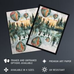 "Artery8 Hot Air Balloons Forest Lake Watercolour Painting Wall Art Print in Green - Size: W18"" x H24""" - thumbnail 2