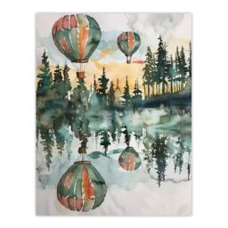 "Artery8 Hot Air Balloons Forest Lake Watercolour Painting Wall Art Print in Green - Size: W18"" x H24""" - thumbnail 1