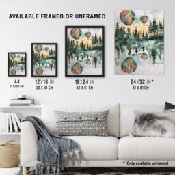 "Artery8 Hot Air Balloons Forest Lake Watercolour Painting Wall Art Print in Green - Size: W18"" x H24""" - thumbnail 3