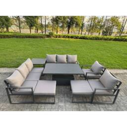 Fimous Aluminum 10-Seater Patio Set with Lifting Table, 2 Big Stools in Dark Grey - thumbnail 1